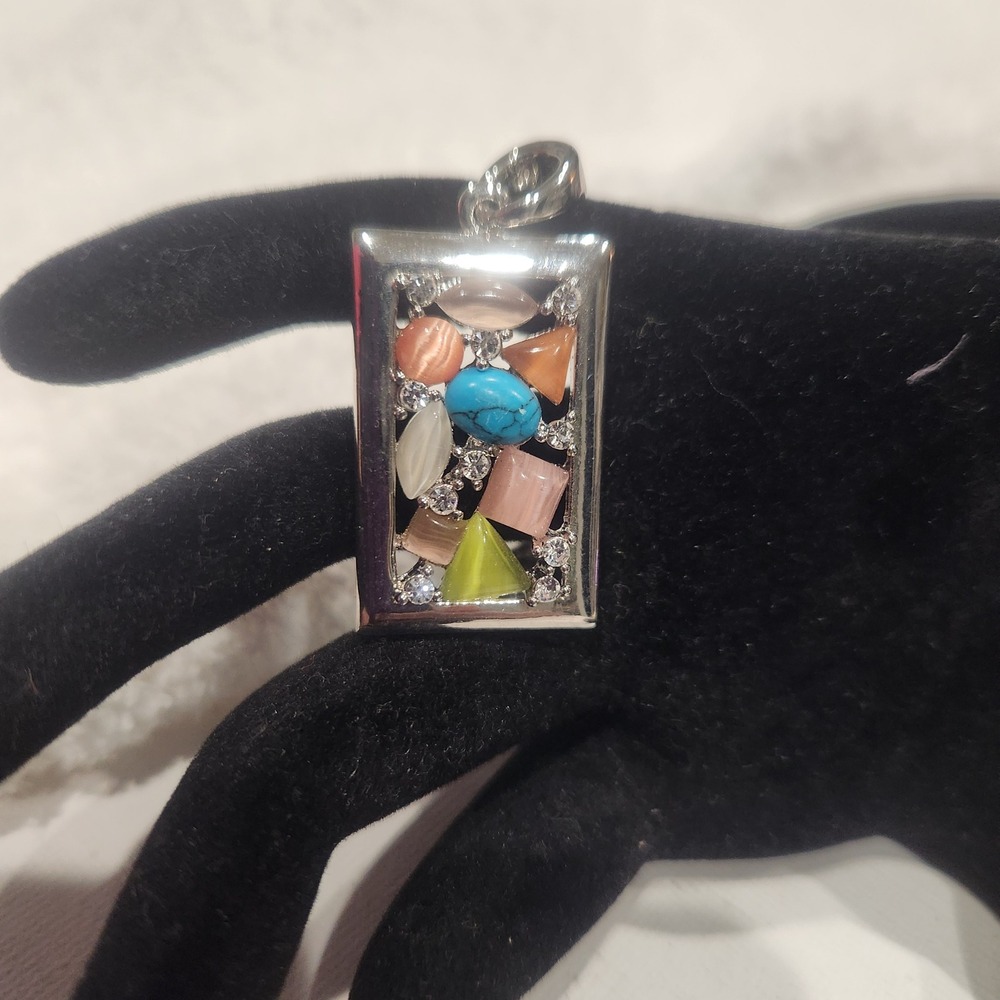 Silver Tone Pendant Multi Stone Mosaic Rectangle Cats Eye Boho